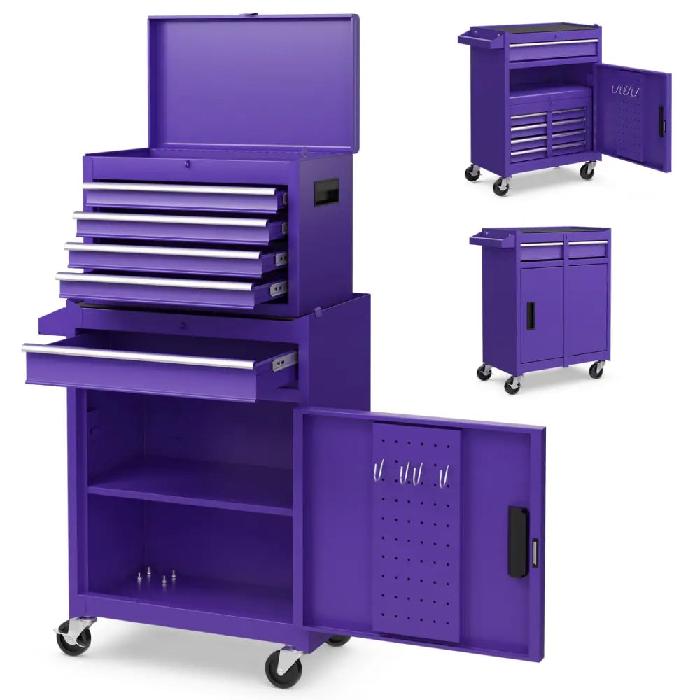 2-in-1 Rolling Tool Chest with 5 Sliding Lockable Drawers-Purple - Purple - Garages