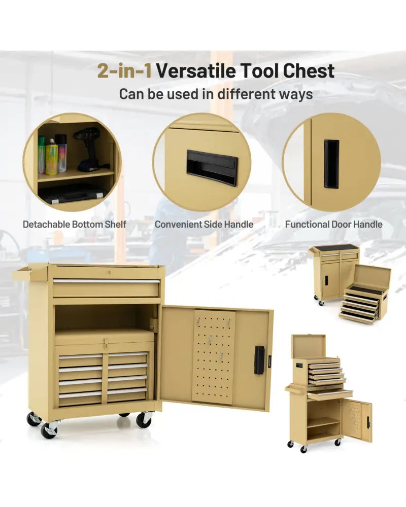 2-in-1 Rolling Tool Chest with 5 Sliding Lockable Drawers-Yellow - Yellow - Garages