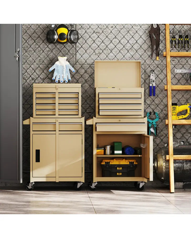 2-in-1 Rolling Tool Chest with 5 Sliding Lockable Drawers-Yellow - Yellow - Garages