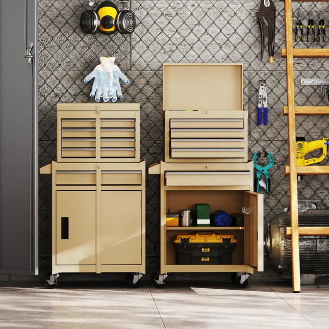 2-in-1 Rolling Tool Chest with 5 Sliding Lockable Drawers-Yellow - Yellow - Garages