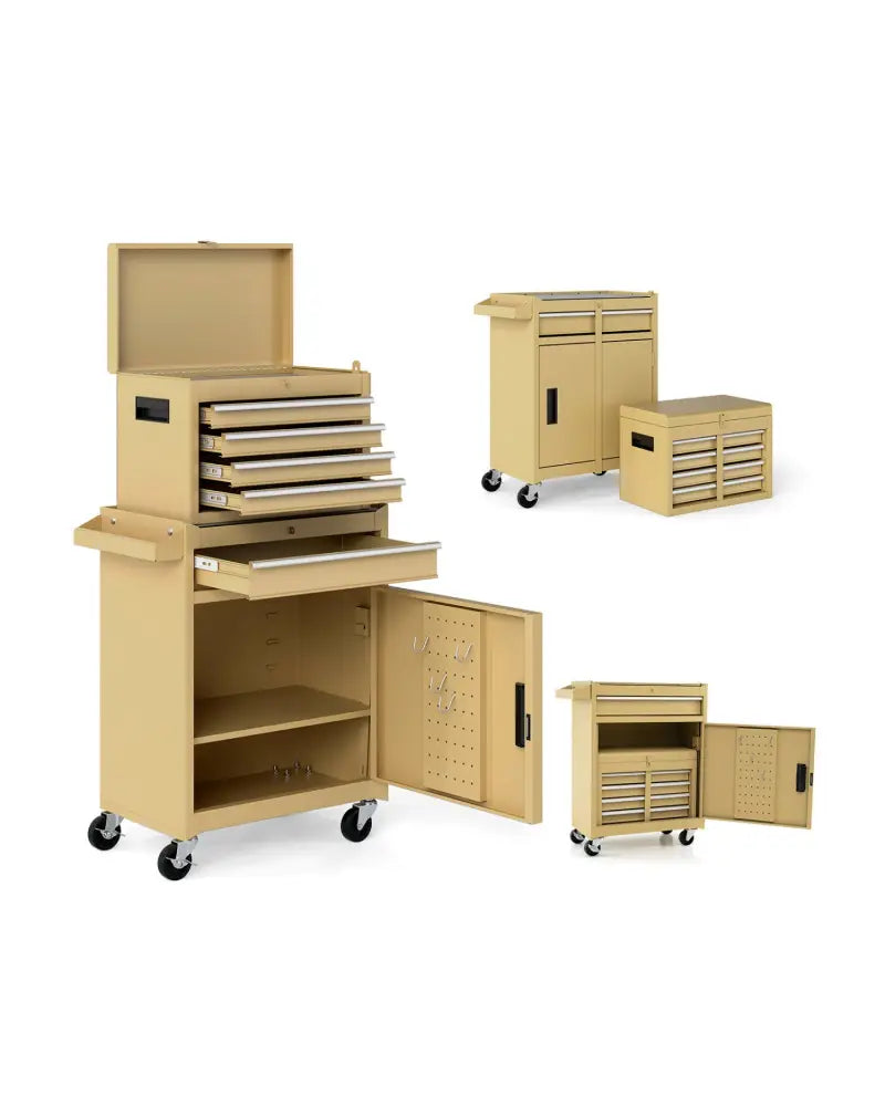 2-in-1 Rolling Tool Chest with 5 Sliding Lockable Drawers-Yellow - Yellow - Garages