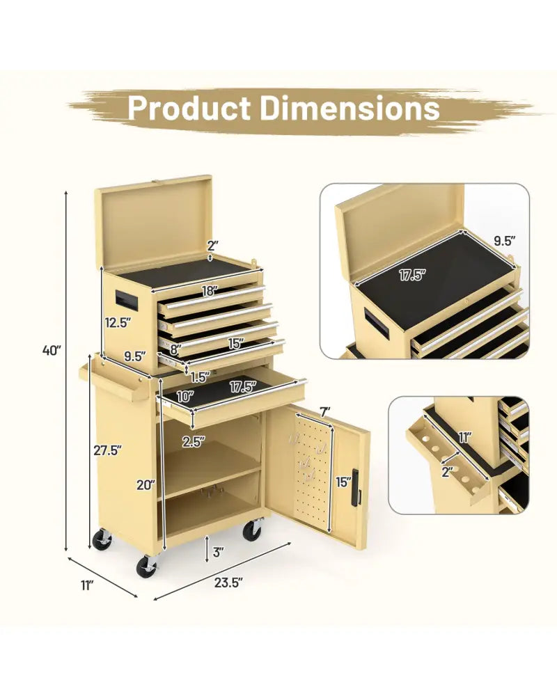 2-in-1 Rolling Tool Chest with 5 Sliding Lockable Drawers-Yellow - Yellow - Garages