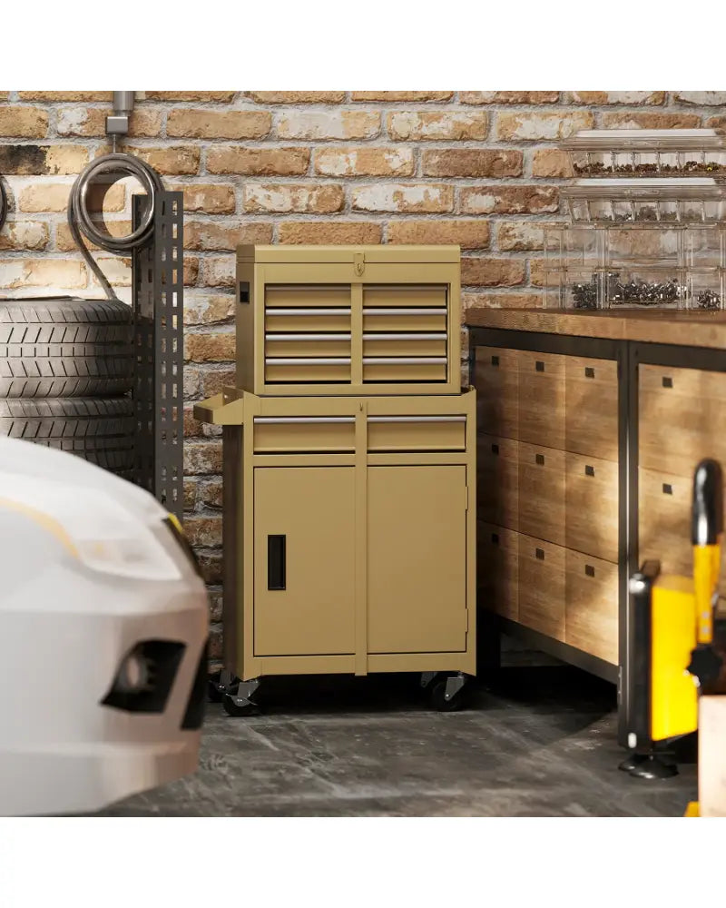 2-in-1 Rolling Tool Chest with 5 Sliding Lockable Drawers-Yellow - Yellow - Garages