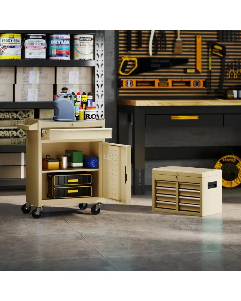 2-in-1 Rolling Tool Chest with 5 Sliding Lockable Drawers-Yellow - Yellow - Garages