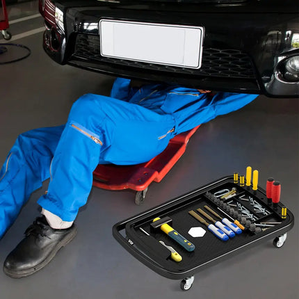 2-in-1 Rolling Tool Tray Height Adjustable Work Table with Detachable Part Tray-Black - Black - Garages
