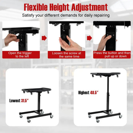 2-in-1 Rolling Tool Tray Height Adjustable Work Table with Detachable Part Tray-Black - Black - Garages