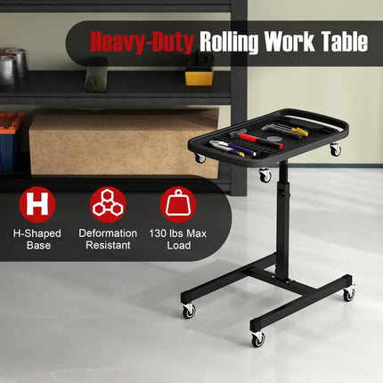 2-in-1 Rolling Tool Tray Height Adjustable Work Table with Detachable Part Tray-Black - Black - Garages