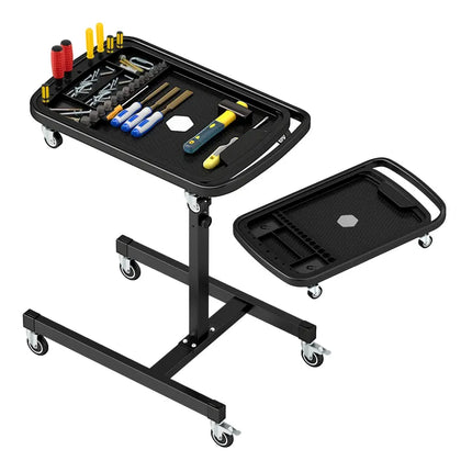 2-in-1 Rolling Tool Tray Height Adjustable Work Table with Detachable Part Tray-Black - Black - Garages