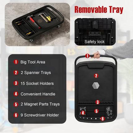 2-in-1 Rolling Tool Tray Height Adjustable Work Table with Detachable Part Tray-Black - Black - Garages