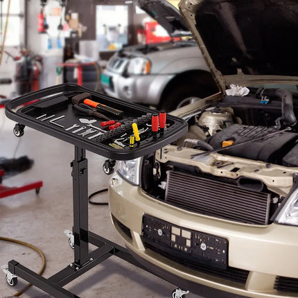 2-in-1 Rolling Tool Tray Height Adjustable Work Table with Detachable Part Tray-Black - Black - Garages