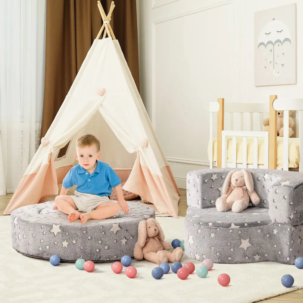 2-in-1 Toddler Chair Glow in the Dark Kids Couch with Cover Convertible Sofa-Gray - Gray - Kids Chairs & Seating