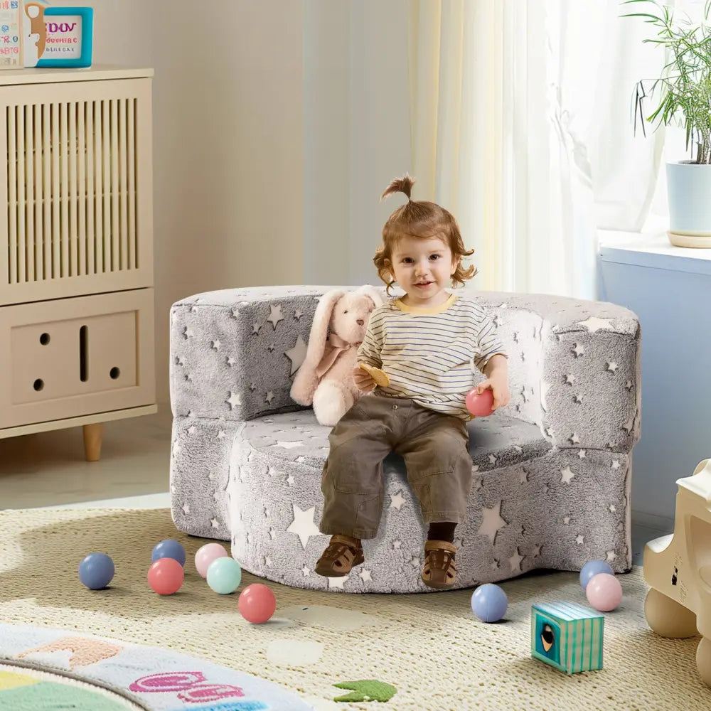 2-in-1 Toddler Chair Glow in the Dark Kids Couch with Cover Convertible Sofa-Gray - Gray - Kids Chairs & Seating