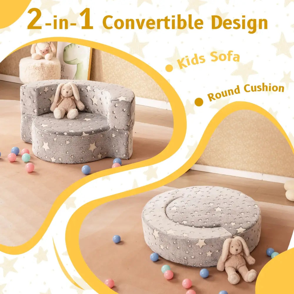 2-in-1 Toddler Chair Glow in the Dark Kids Couch with Cover Convertible Sofa-Gray - Gray - Kids Chairs & Seating