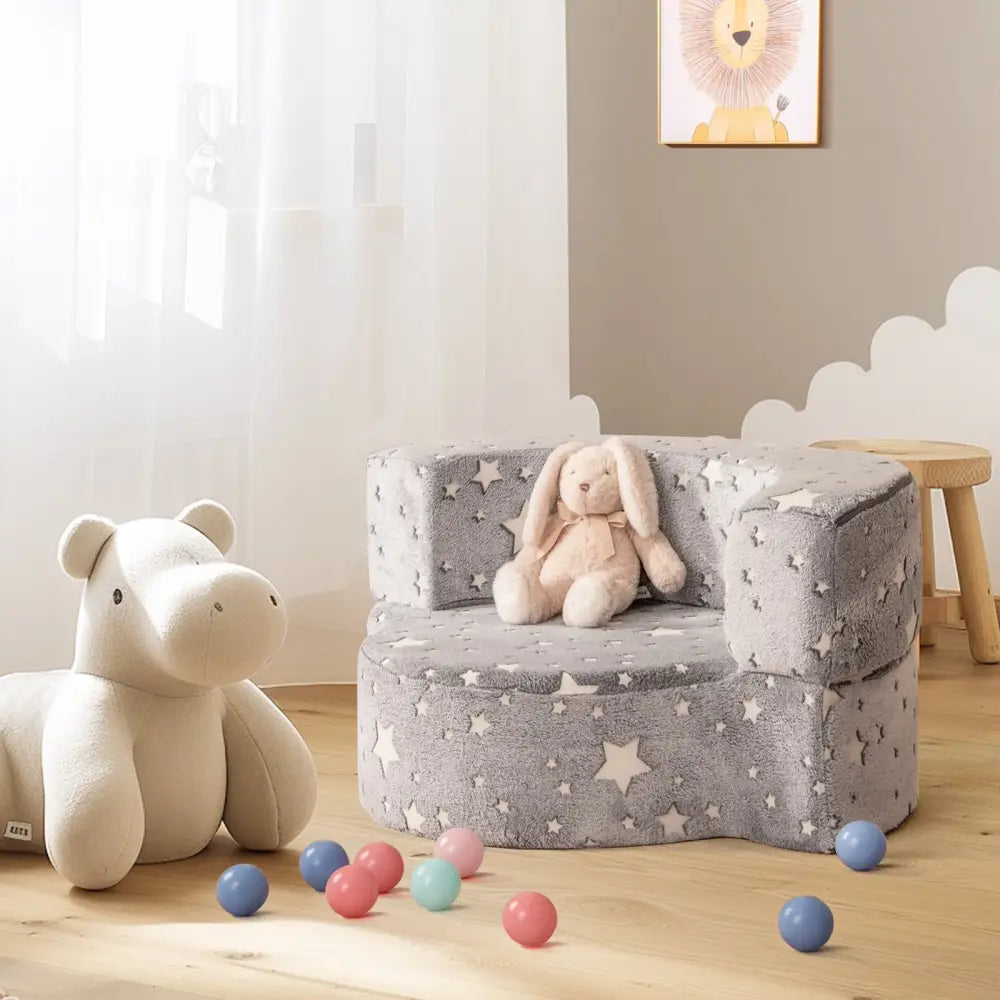 2-in-1 Toddler Chair Glow in the Dark Kids Couch with Cover Convertible Sofa-Gray - Gray - Kids Chairs & Seating