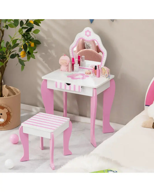 2-in-1 Toddler Vanity Set with Detachable Top and Cute Flower Patterns-White - White - Kids Vanities