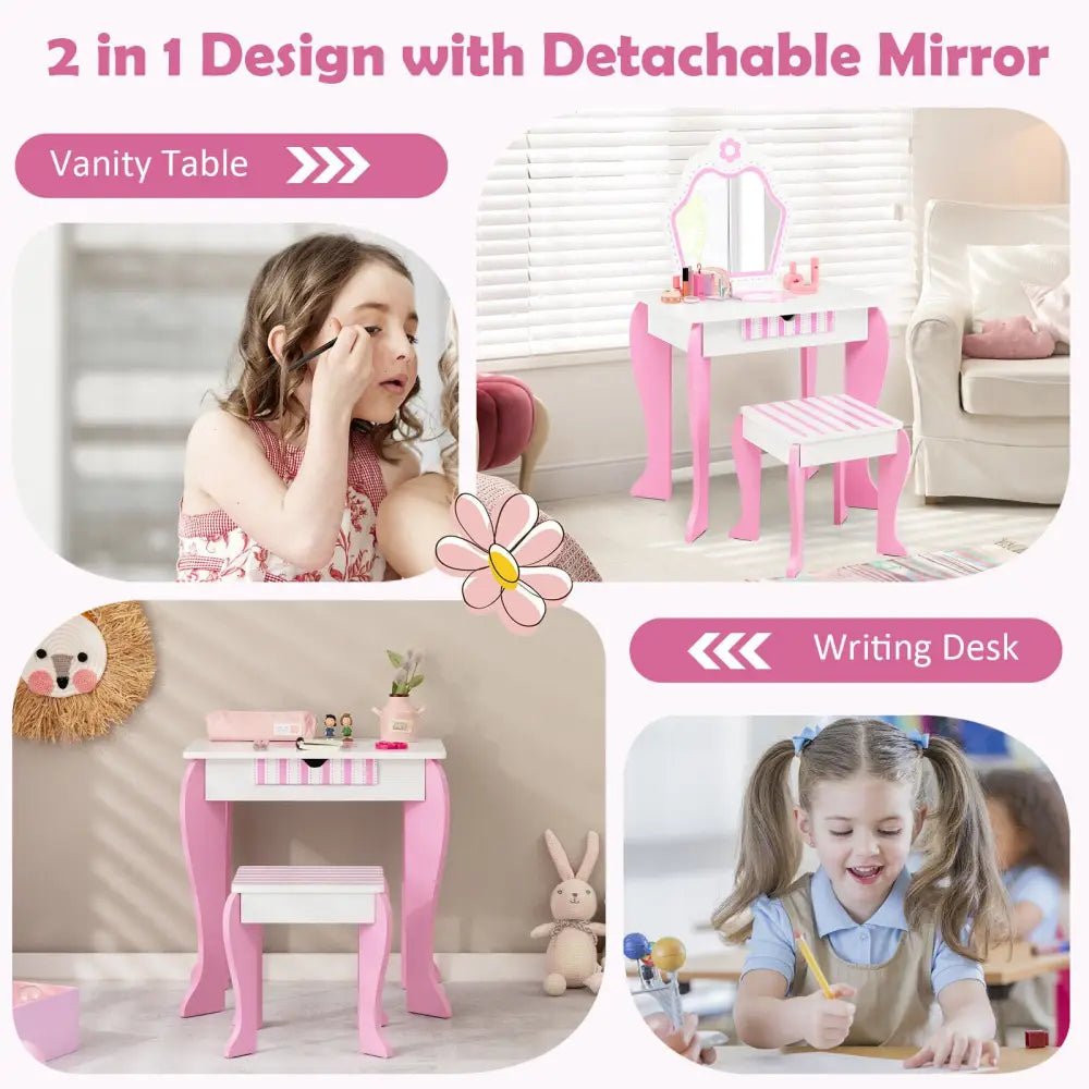 2-in-1 Toddler Vanity Set with Detachable Top and Cute Flower Patterns-White - White - Kids Vanities