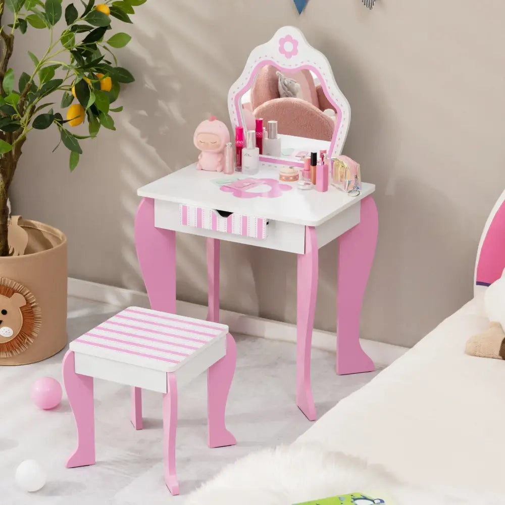 2-in-1 Toddler Vanity Set with Detachable Top and Cute Flower Patterns-White - White - Kids Vanities