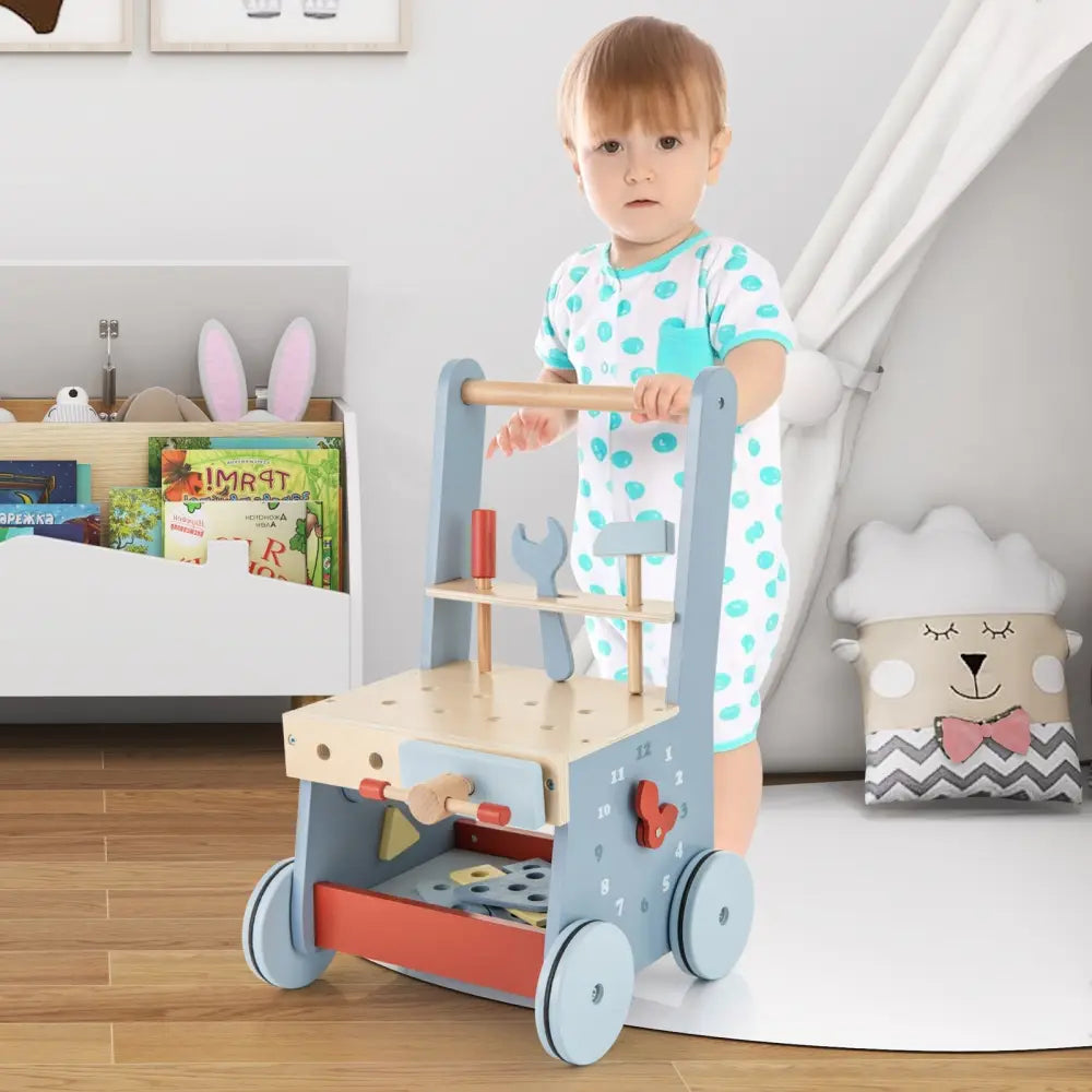 2-in-1 Toddler Wooden Baby Push Walker with Multi-Activity Center - Blue - Baby Gyms & Playmats