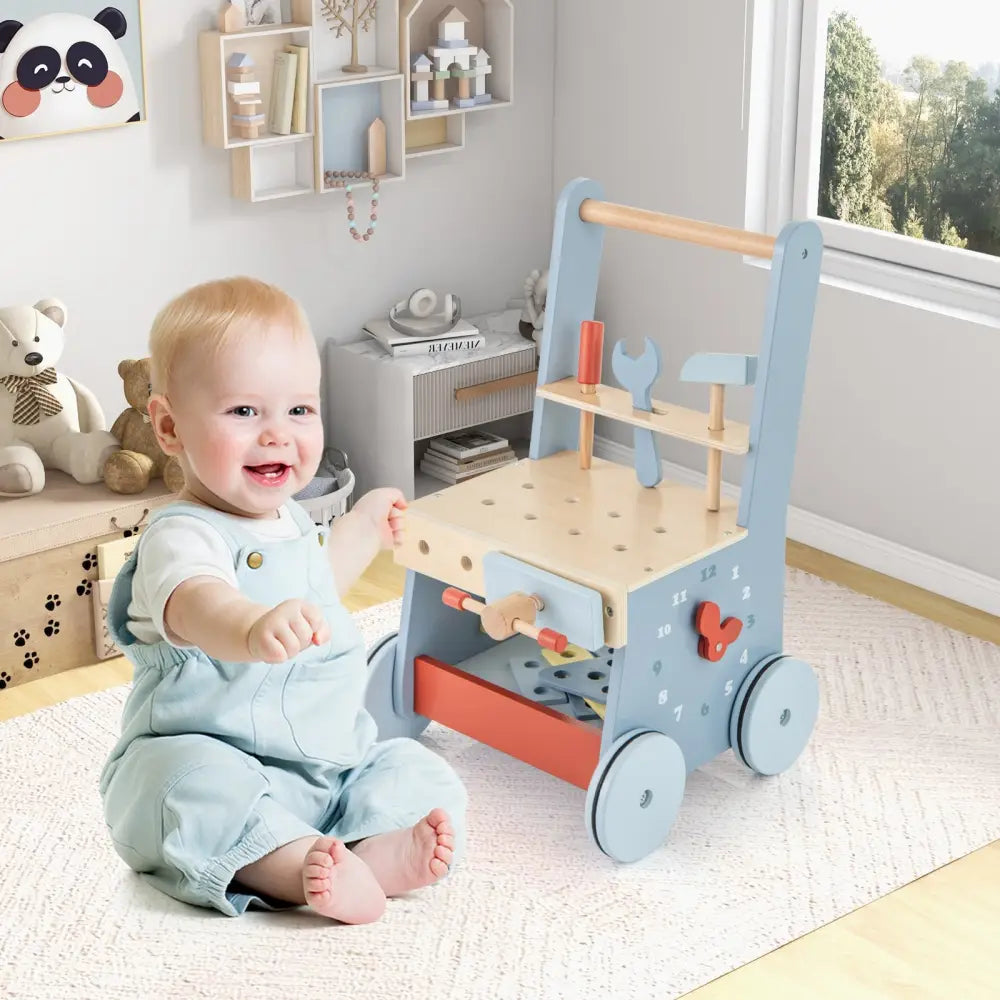 2-in-1 Toddler Wooden Baby Push Walker with Multi-Activity Center - Blue - Baby Gyms & Playmats