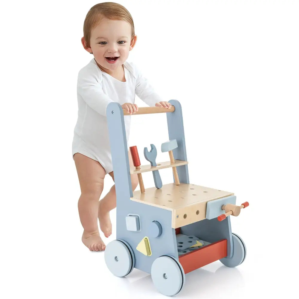 2-in-1 Toddler Wooden Baby Push Walker with Multi-Activity Center - Blue - Baby Gyms & Playmats