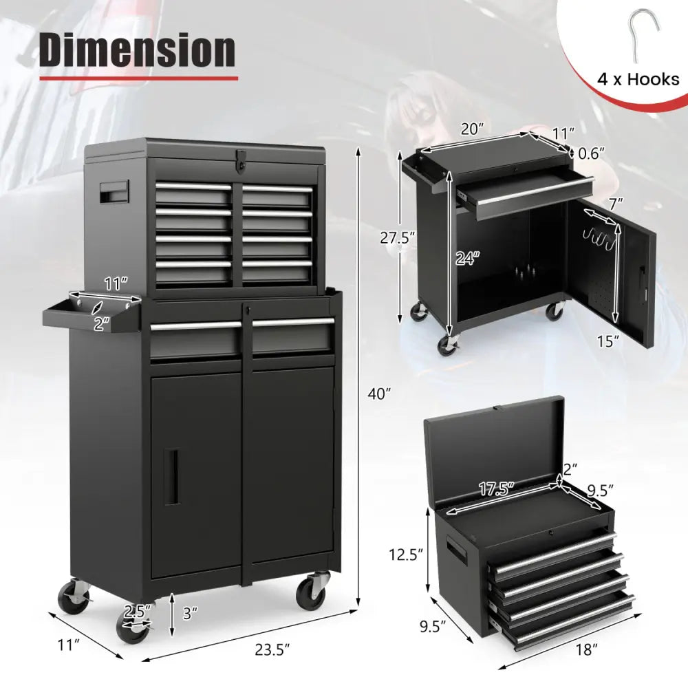 2-in-1 Tool Chest and Cabinet with 5 Sliding Drawers-Black - Black - Garages
