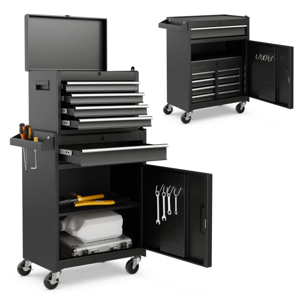 2-in-1 Tool Chest and Cabinet with 5 Sliding Drawers-Black - Black - Garages