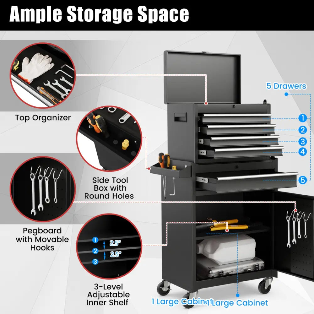 2-in-1 Tool Chest and Cabinet with 5 Sliding Drawers-Black - Black - Garages