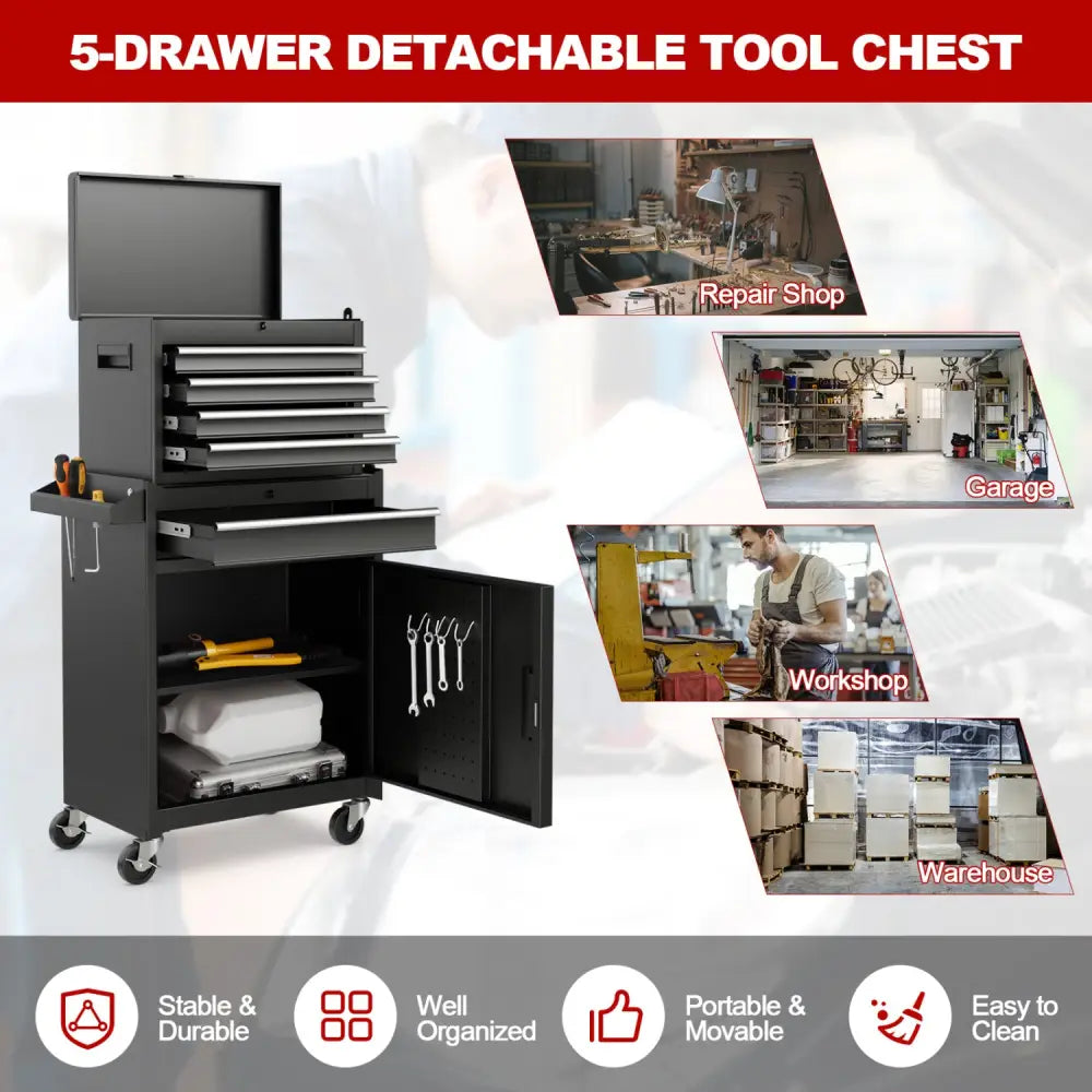 2-in-1 Tool Chest and Cabinet with 5 Sliding Drawers-Black - Black - Garages