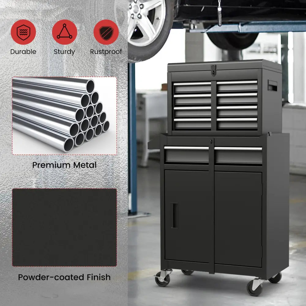 2-in-1 Tool Chest and Cabinet with 5 Sliding Drawers-Black - Black - Garages