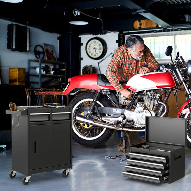 2-in-1 Tool Chest and Cabinet with 5 Sliding Drawers-Black - Black - Garages