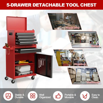 2-in-1 Tool Chest and Cabinet with 5 Sliding Drawers-Black & Red - Black & Red - Garages