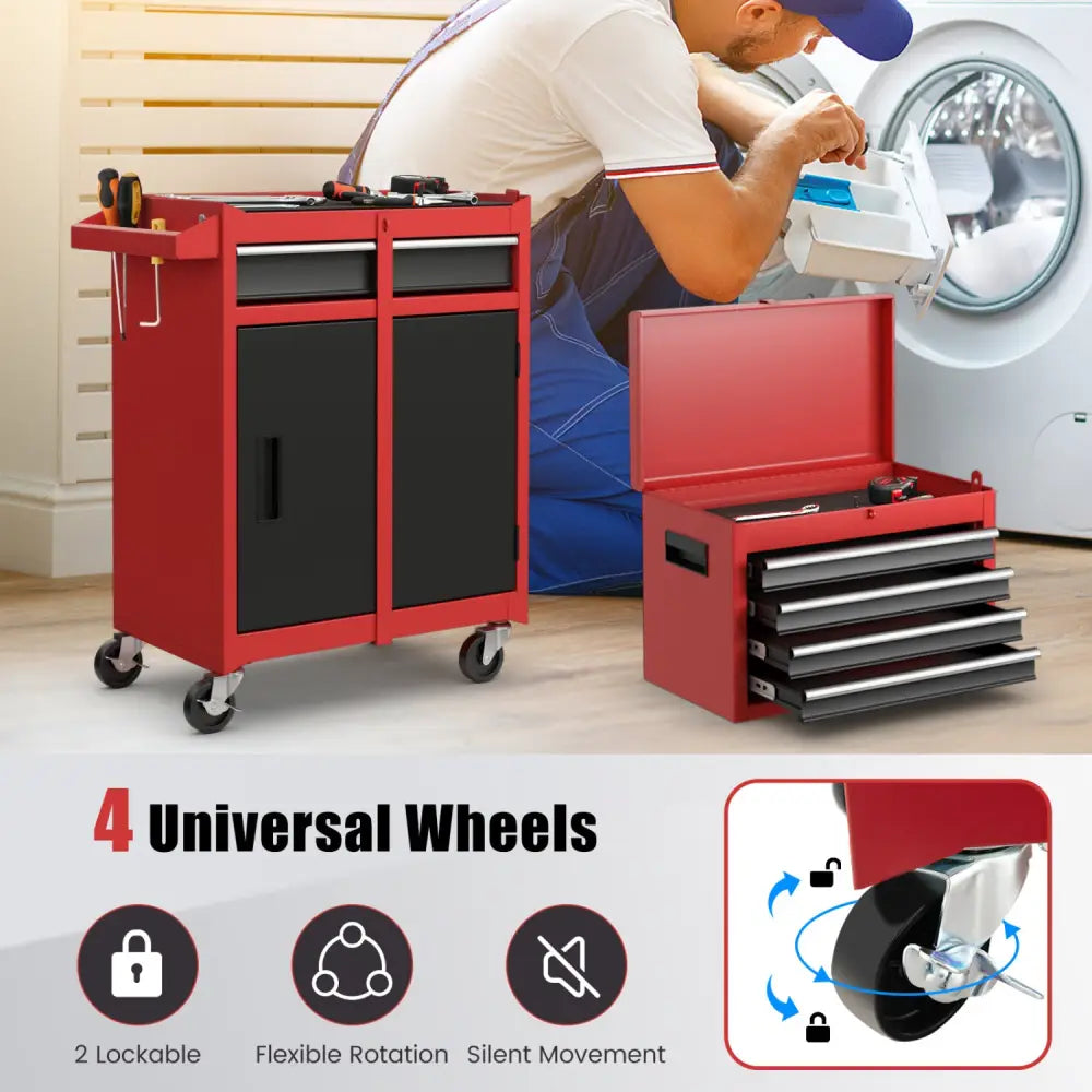 2-in-1 Tool Chest and Cabinet with 5 Sliding Drawers-Black & Red - Black & Red - Garages