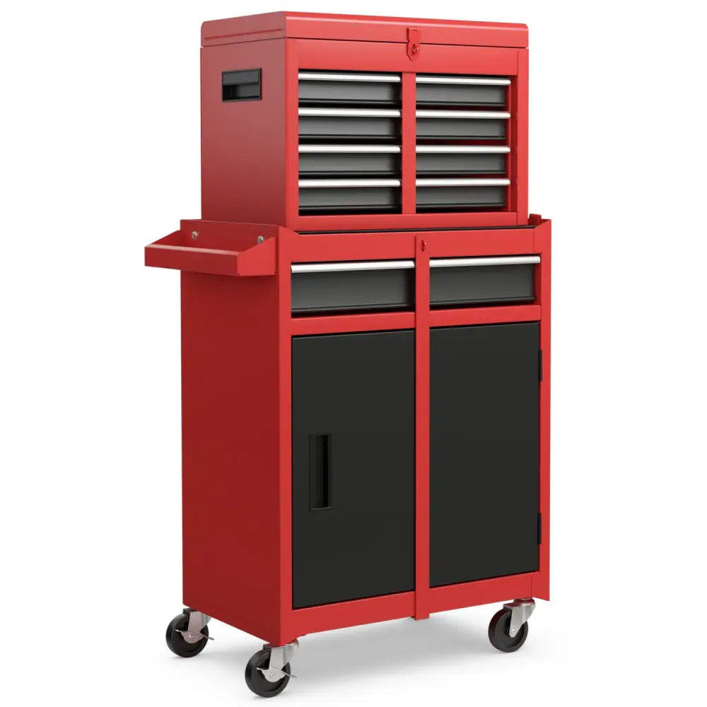 2-in-1 Tool Chest and Cabinet with 5 Sliding Drawers-Black & Red - Black & Red - Garages