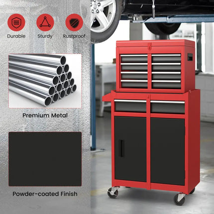 2-in-1 Tool Chest and Cabinet with 5 Sliding Drawers-Black & Red - Black & Red - Garages