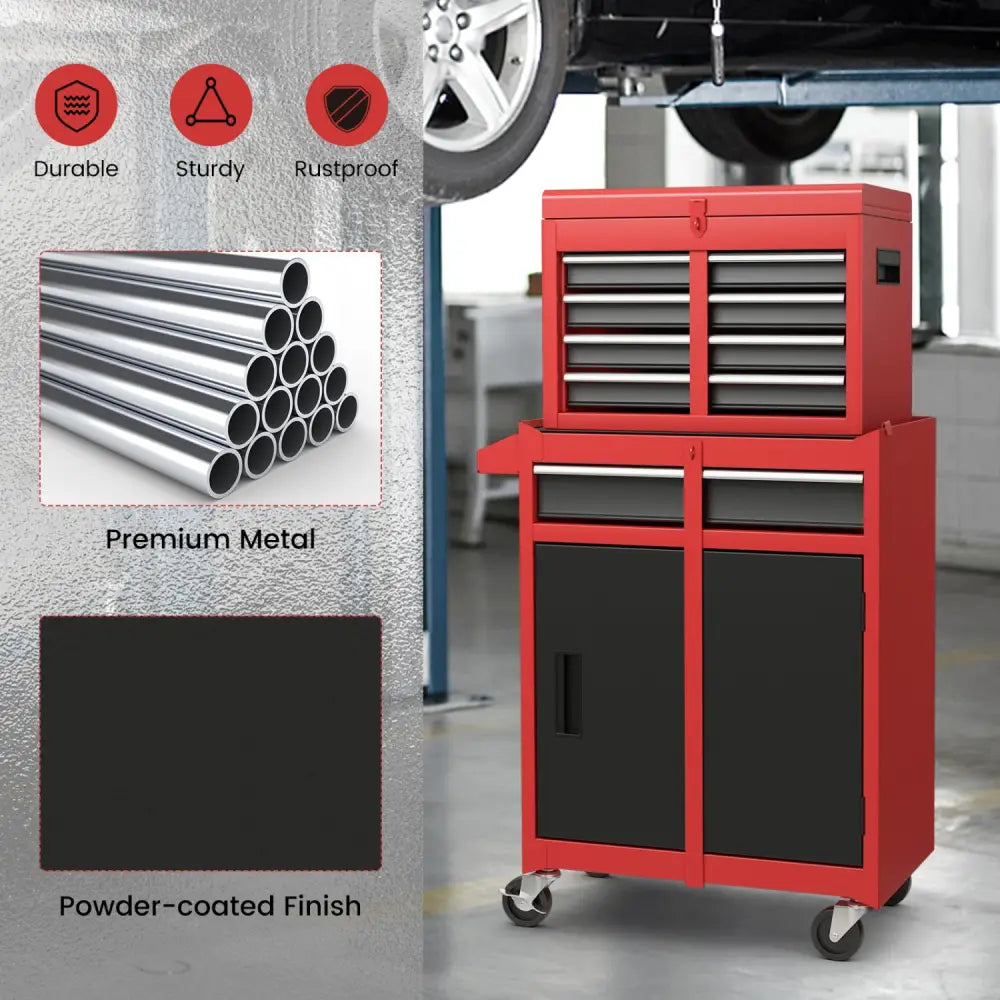 2-in-1 Tool Chest and Cabinet with 5 Sliding Drawers-Black & Red - Black & Red - Garages