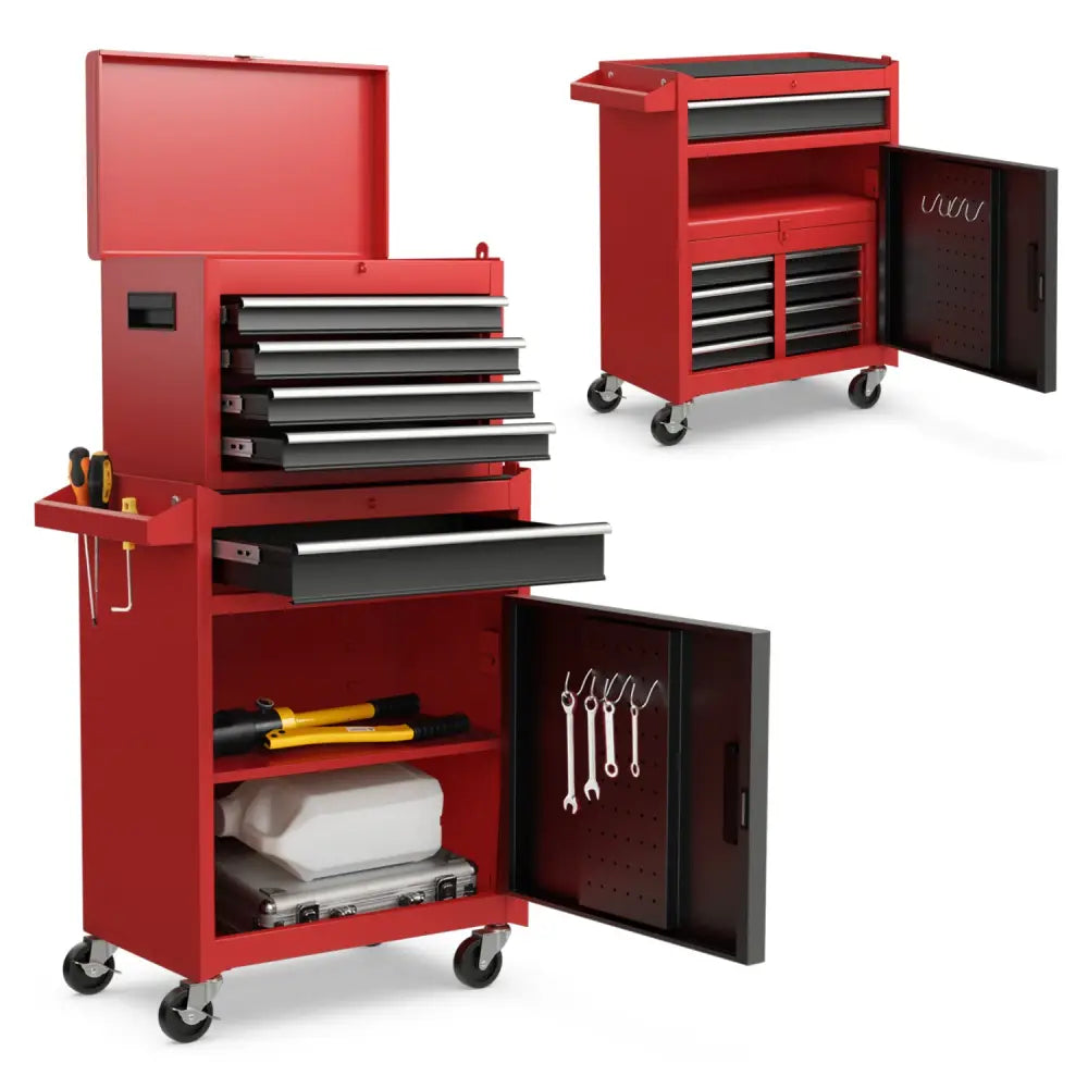 2-in-1 Tool Chest and Cabinet with 5 Sliding Drawers-Black & Red - Black & Red - Garages