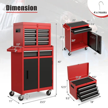 2-in-1 Tool Chest and Cabinet with 5 Sliding Drawers-Black & Red - Black & Red - Garages