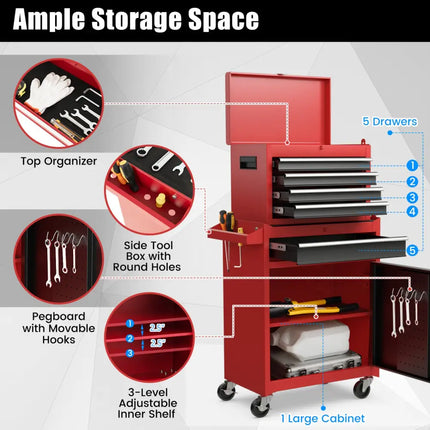 2-in-1 Tool Chest and Cabinet with 5 Sliding Drawers-Black & Red - Black & Red - Garages