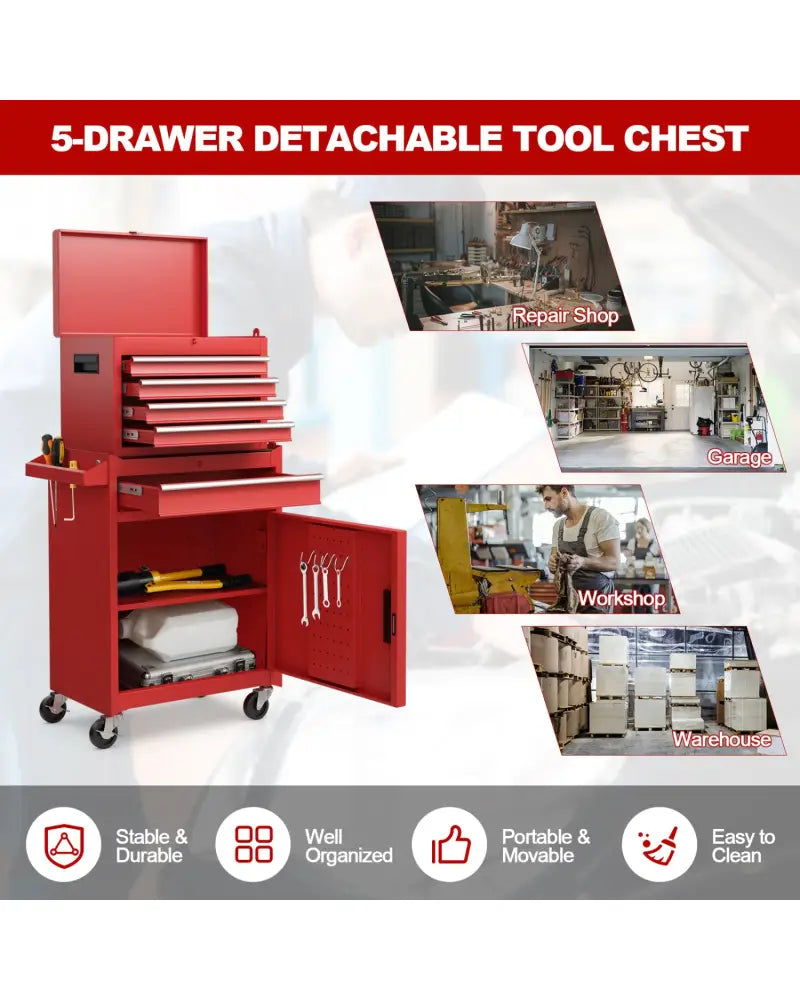 2-in-1 Tool Chest and Cabinet with 5 Sliding Drawers-Red - Red - Garages