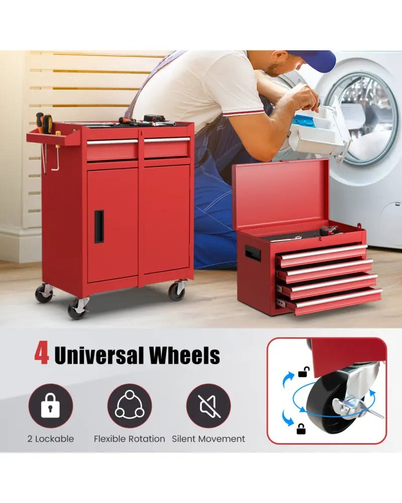 2-in-1 Tool Chest and Cabinet with 5 Sliding Drawers-Red - Red - Garages