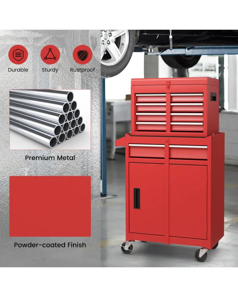 2-in-1 Tool Chest and Cabinet with 5 Sliding Drawers-Red - Red - Garages