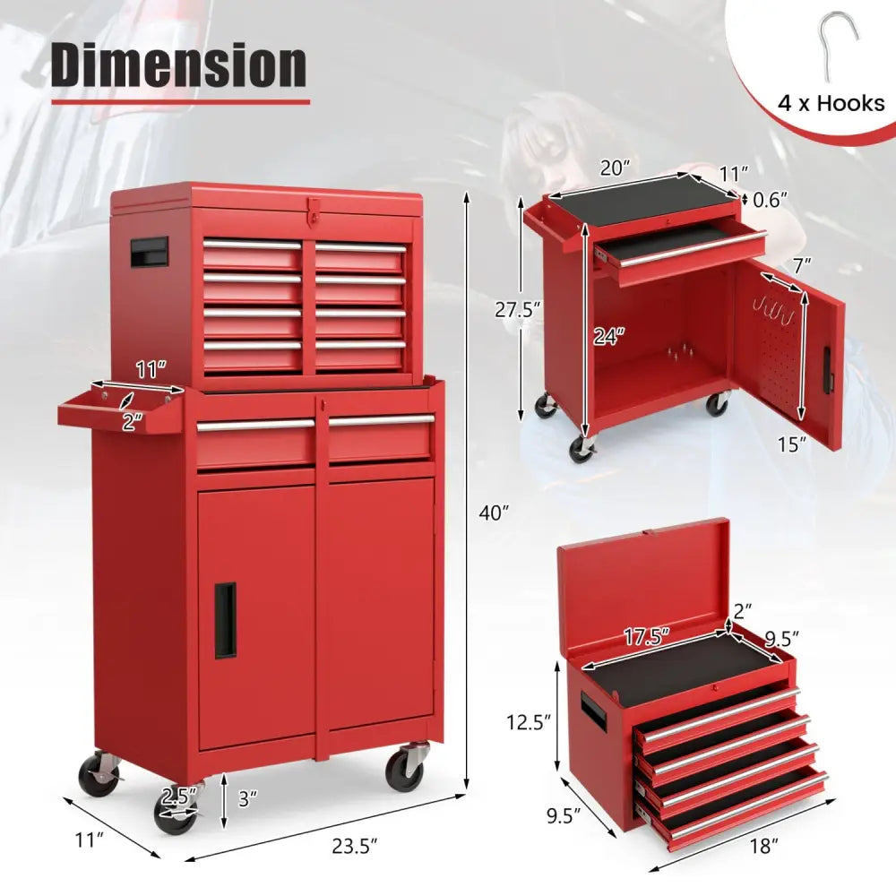 2-in-1 Tool Chest and Cabinet with 5 Sliding Drawers-Red - Red - Garages