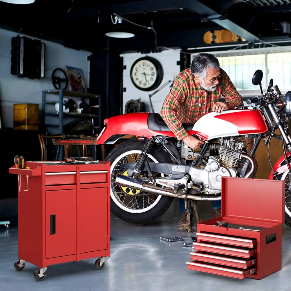 2-in-1 Tool Chest and Cabinet with 5 Sliding Drawers-Red - Red - Garages