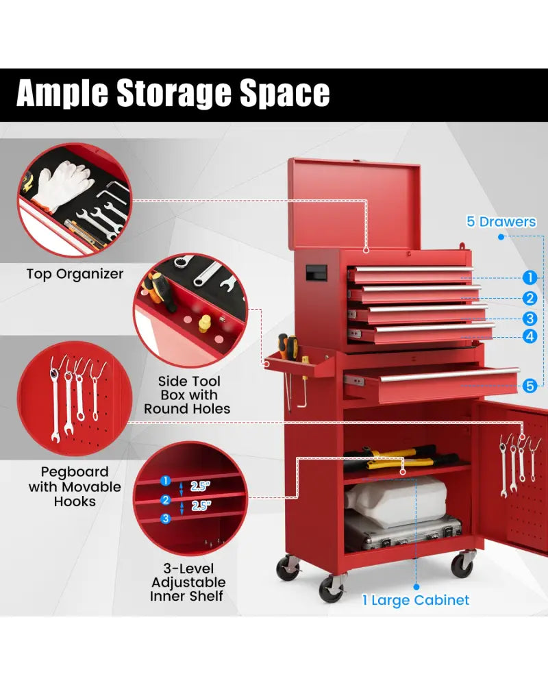 2-in-1 Tool Chest and Cabinet with 5 Sliding Drawers-Red - Red - Garages