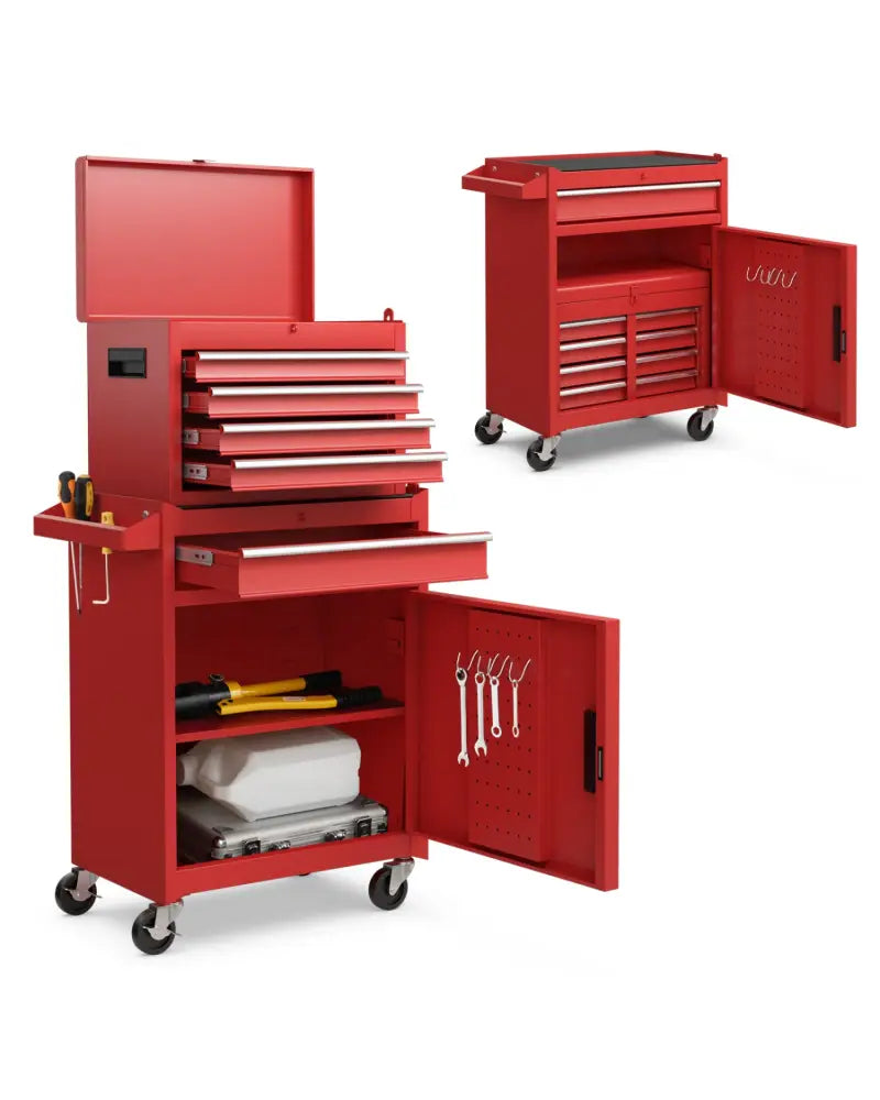 2-in-1 Tool Chest and Cabinet with 5 Sliding Drawers-Red - Red - Garages