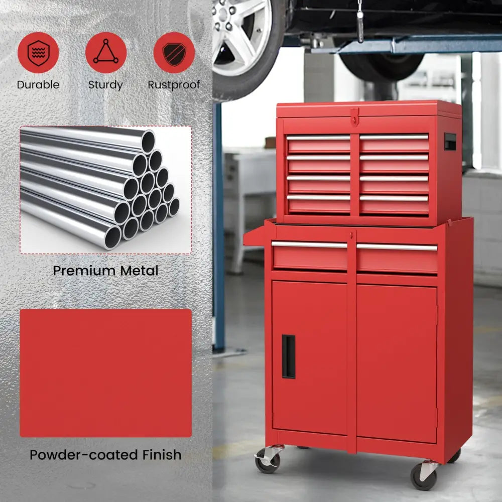 2-in-1 Tool Chest and Cabinet with 5 Sliding Drawers-Red - Red - Garages
