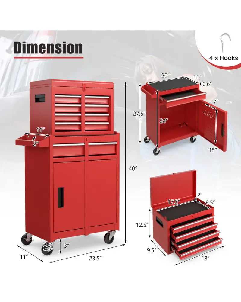 2-in-1 Tool Chest and Cabinet with 5 Sliding Drawers-Red - Red - Garages