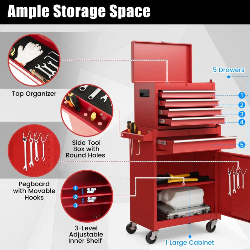 2-in-1 Tool Chest and Cabinet with 5 Sliding Drawers-Red - Red - Garages