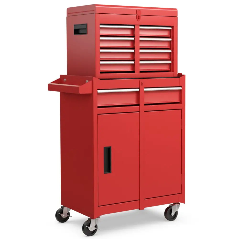 2-in-1 Tool Chest and Cabinet with 5 Sliding Drawers-Red - Red - Garages