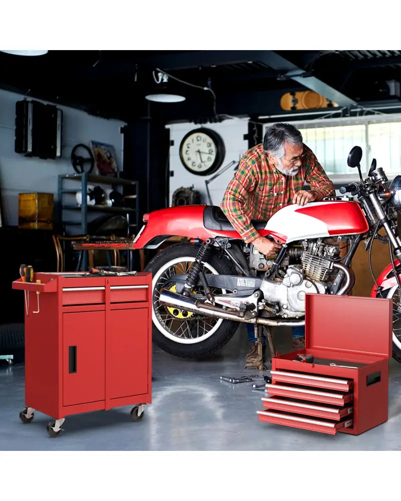 2-in-1 Tool Chest and Cabinet with 5 Sliding Drawers-Red - Red - Garages